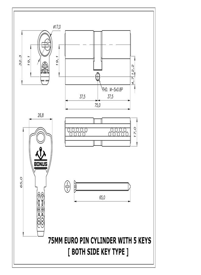 Bonus:- Euro Profile 10 Pin Cylinder (75mm Both Side Key, Brush Steel) - Image 2
